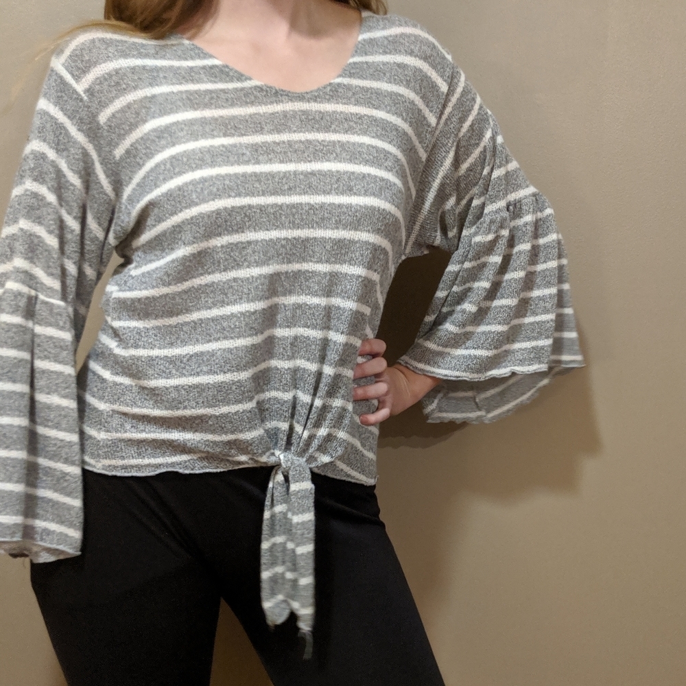 Lavender Field Gray Bell Sleeve Tie Front - Picture 2 of 7